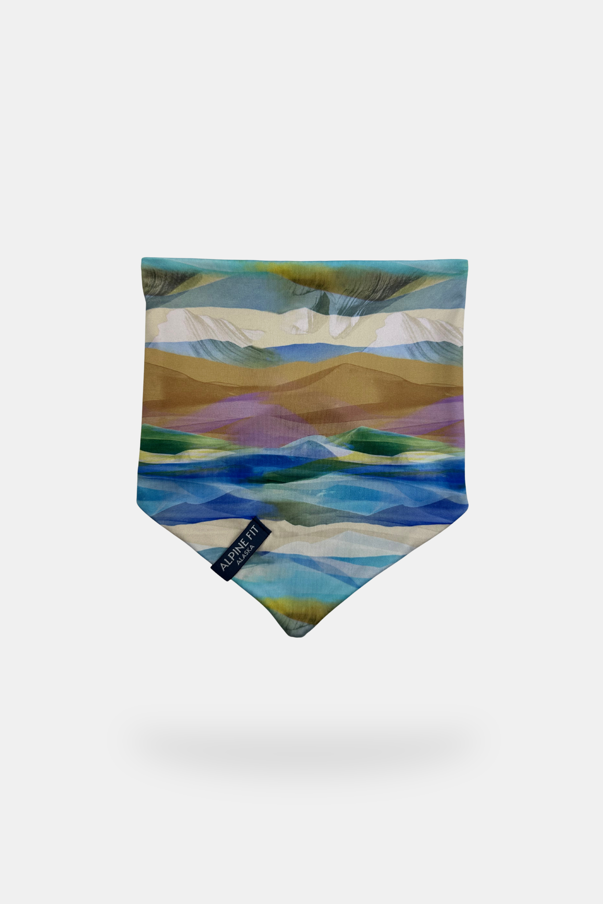Alpine Fit Mountain V Fleece Neck Warmer Rainbow peak, Multicolored fleece neck warmer with a brand label on a white background