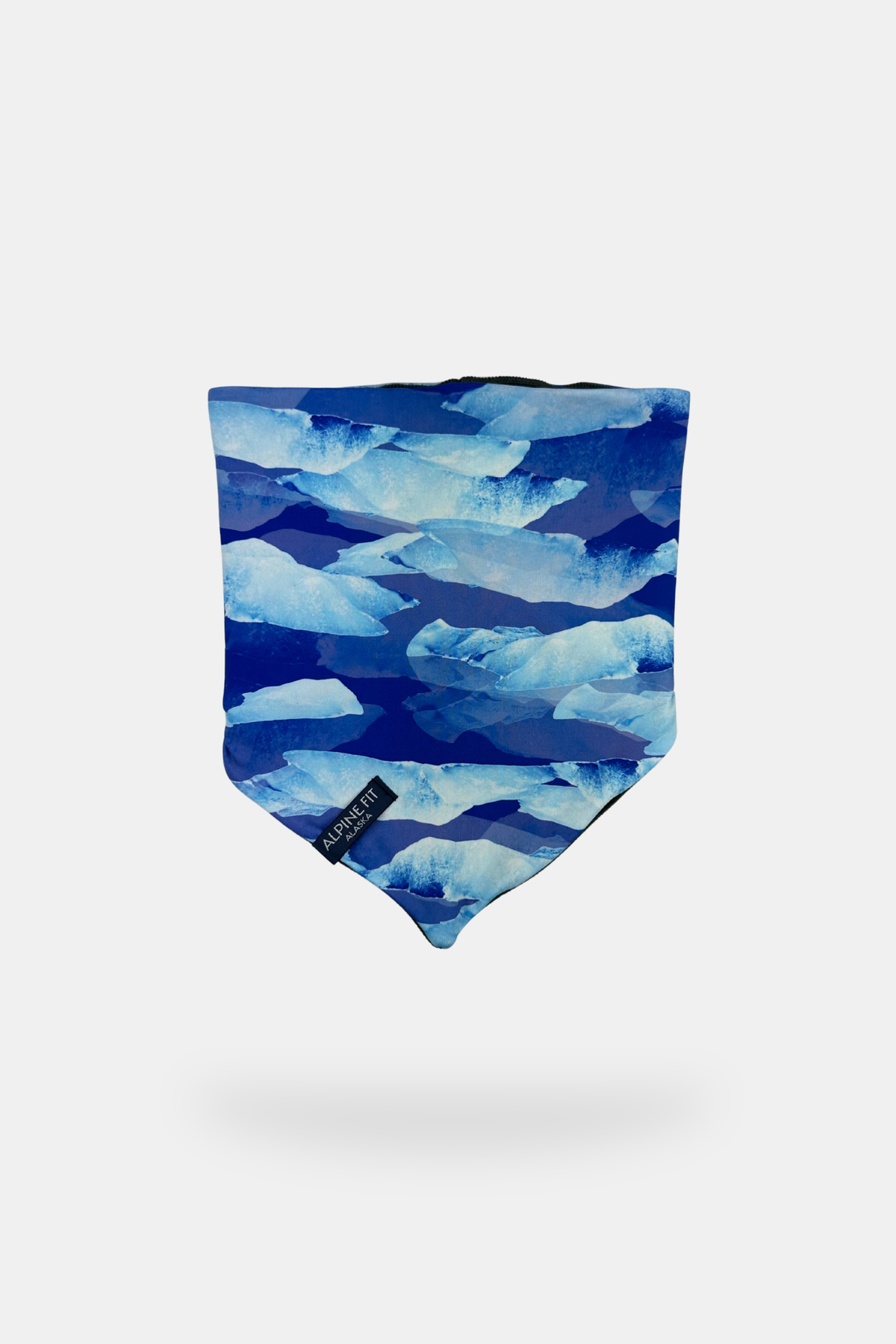 Alpine Fit Mountain V Merino Wool Neck Warmer Glacial, Blue and white patterned neck warmer on a white background
