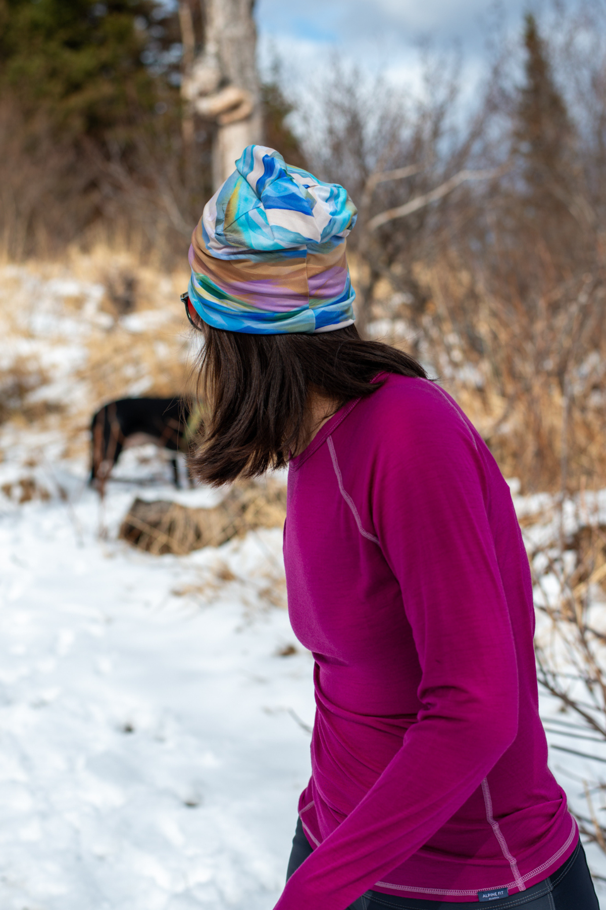 Alpine Fit Go All Winter Merino Wool Hat Rainbow Peak, Person wearing a colorful beanie and pink long-sleeve shirt in a snowy landscape with a dog in the background.