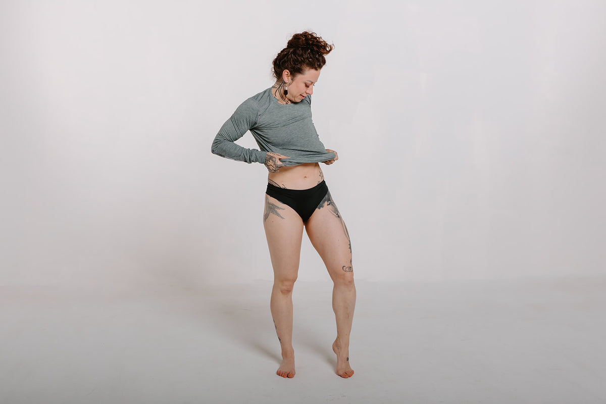 Alpine Fit Athletic Thong Obsidian Cove Black, Woman wearing athletic thong full view