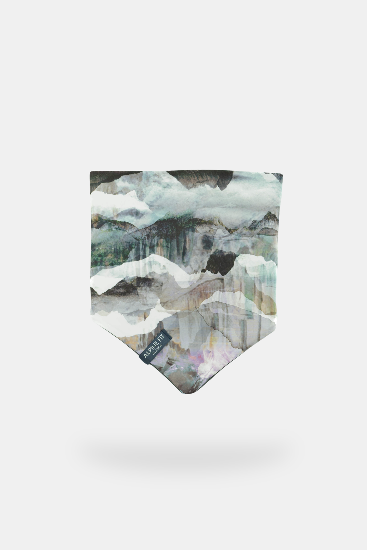 Alpine Fit Mountain V Fleece Neck Warmer Chugach Dusk, Neck warmer with mountain landscape design on a white background