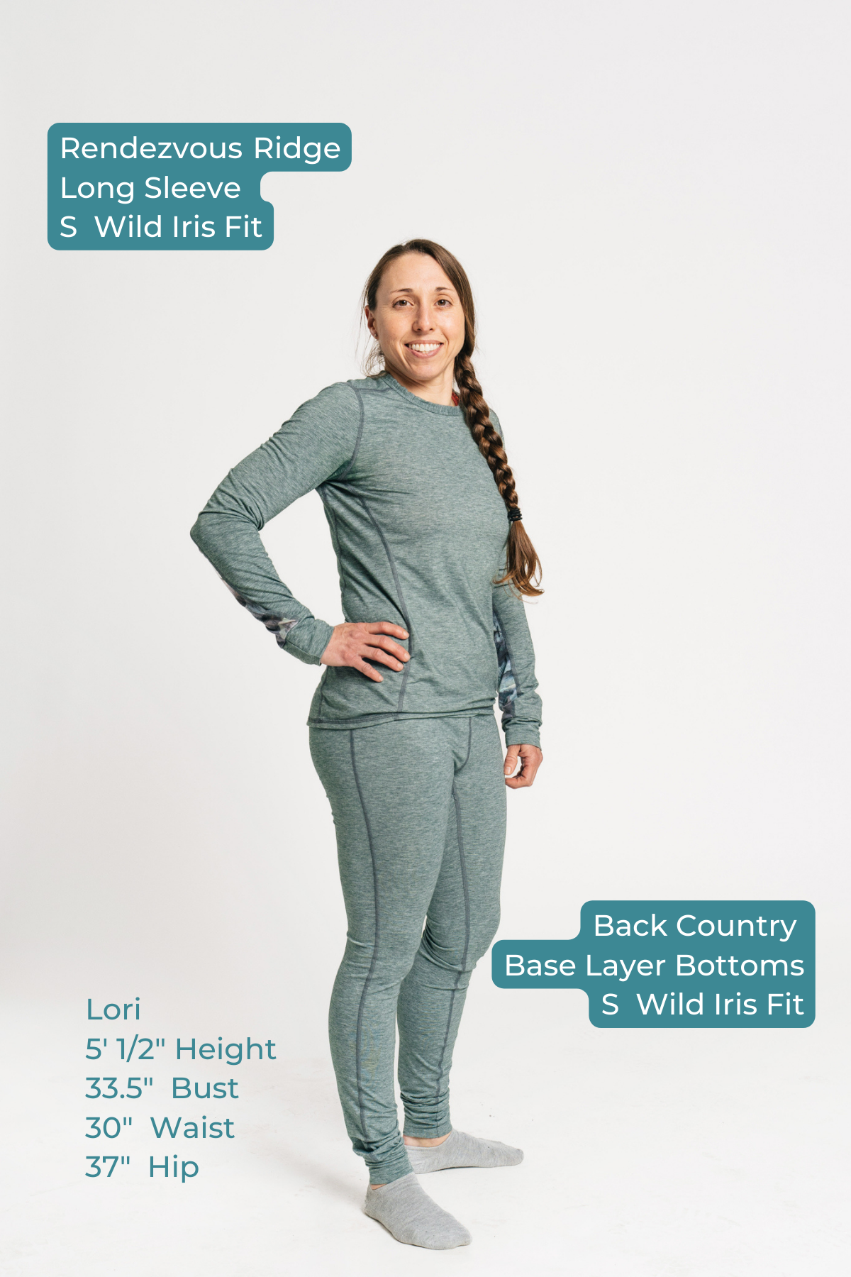 alpine fit green base layer top and bottom on size model viewed from the side