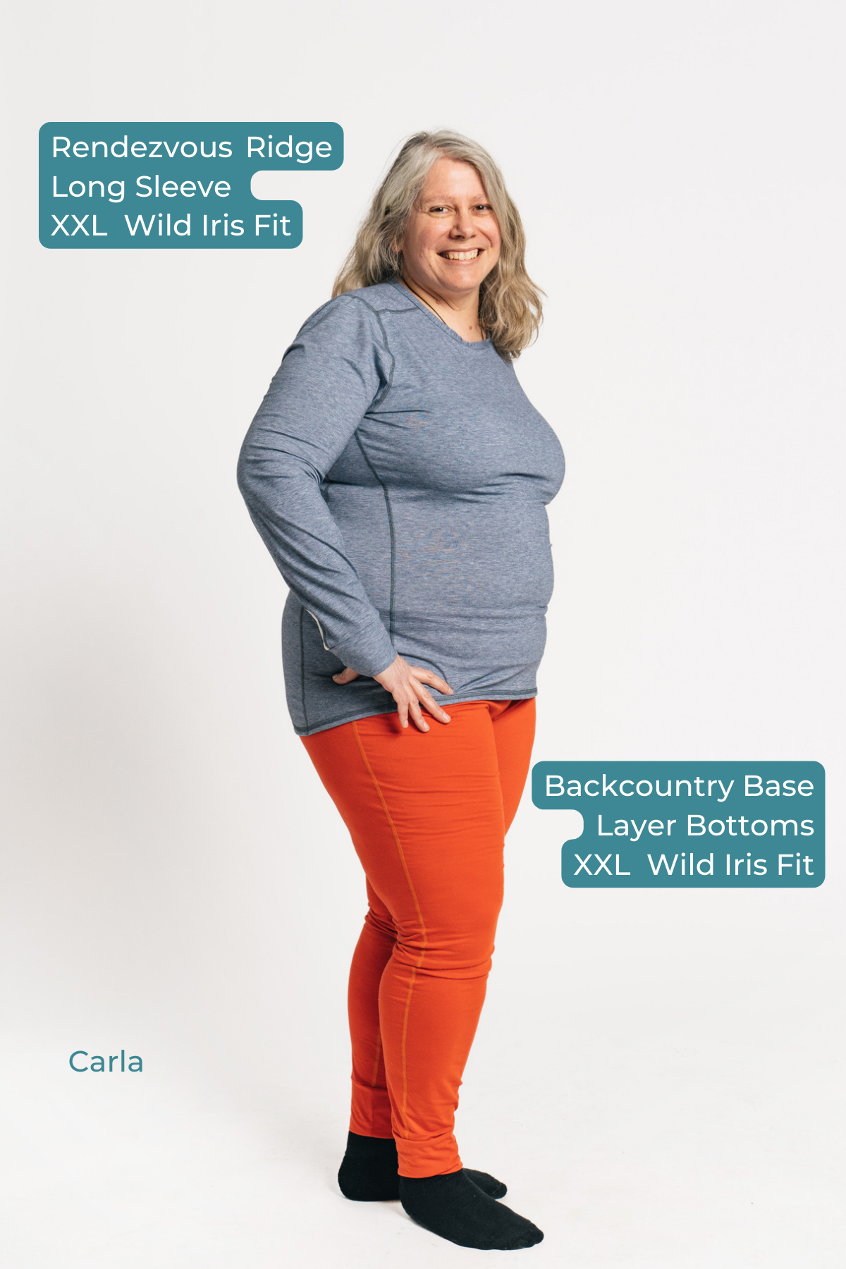 alpine fit base layer top and bottom on plus size model viewed form side