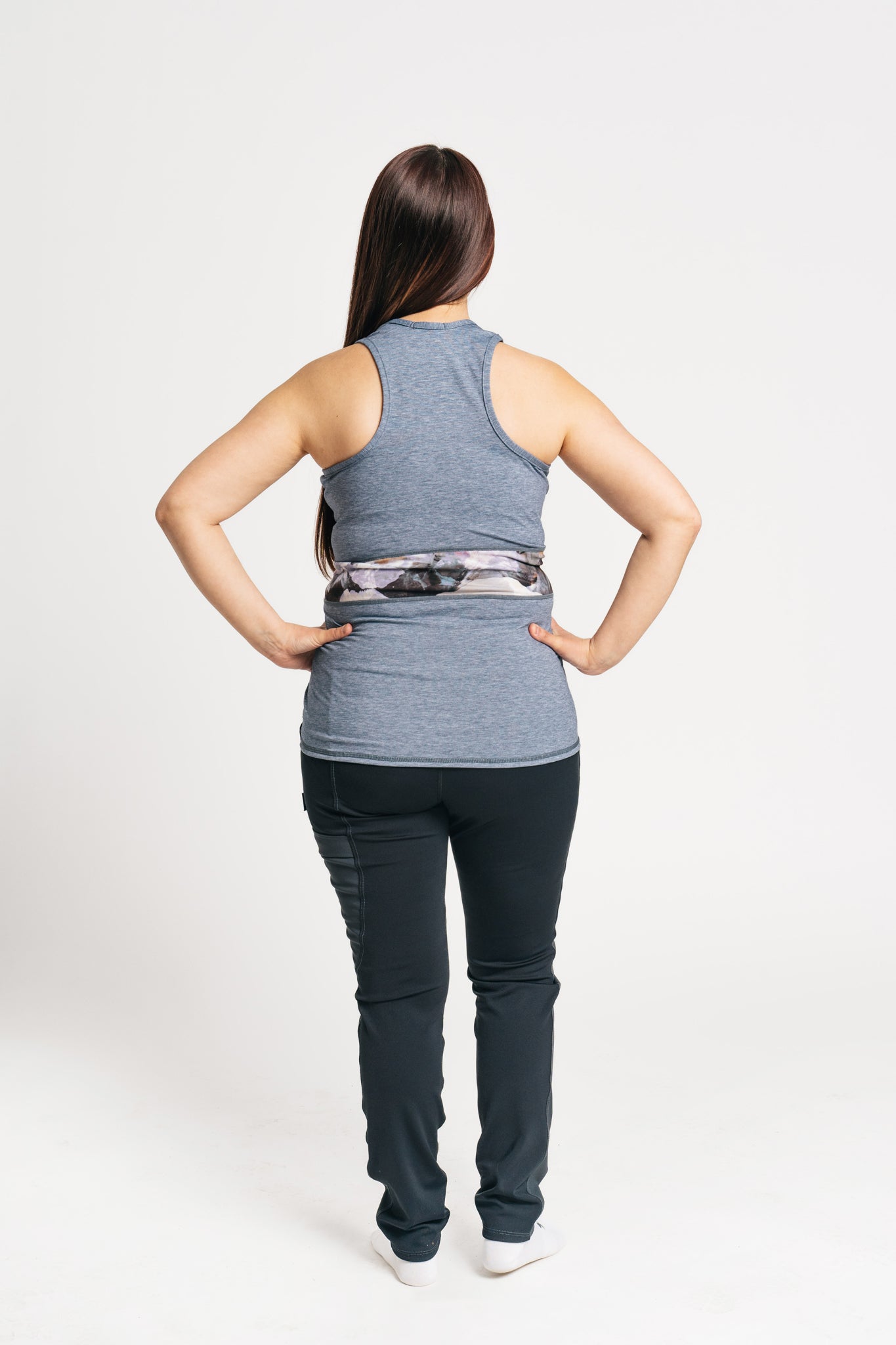 alpine fit tank top blue on model from behind