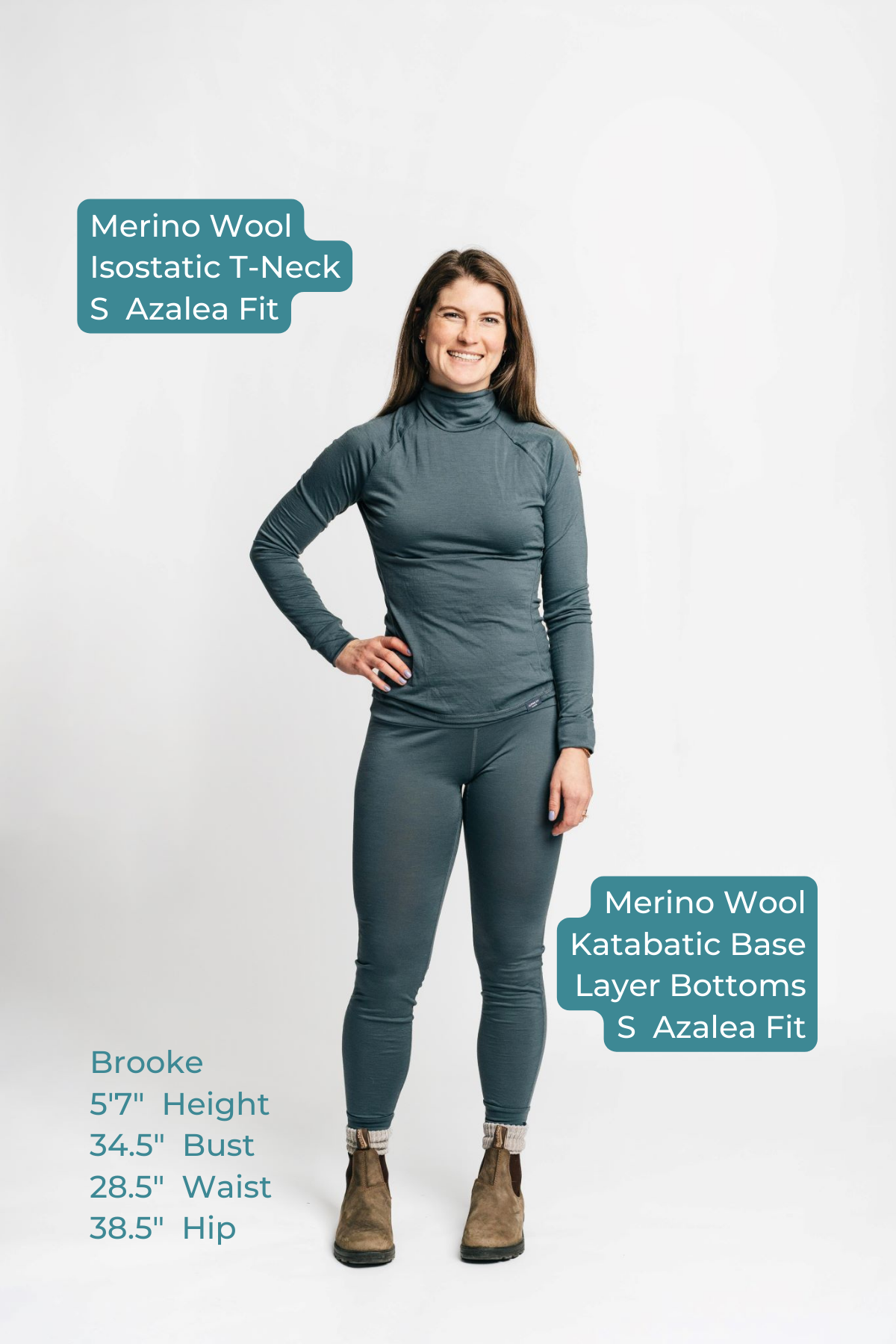 alpine fit merino wool base layer top and bottom on size model front