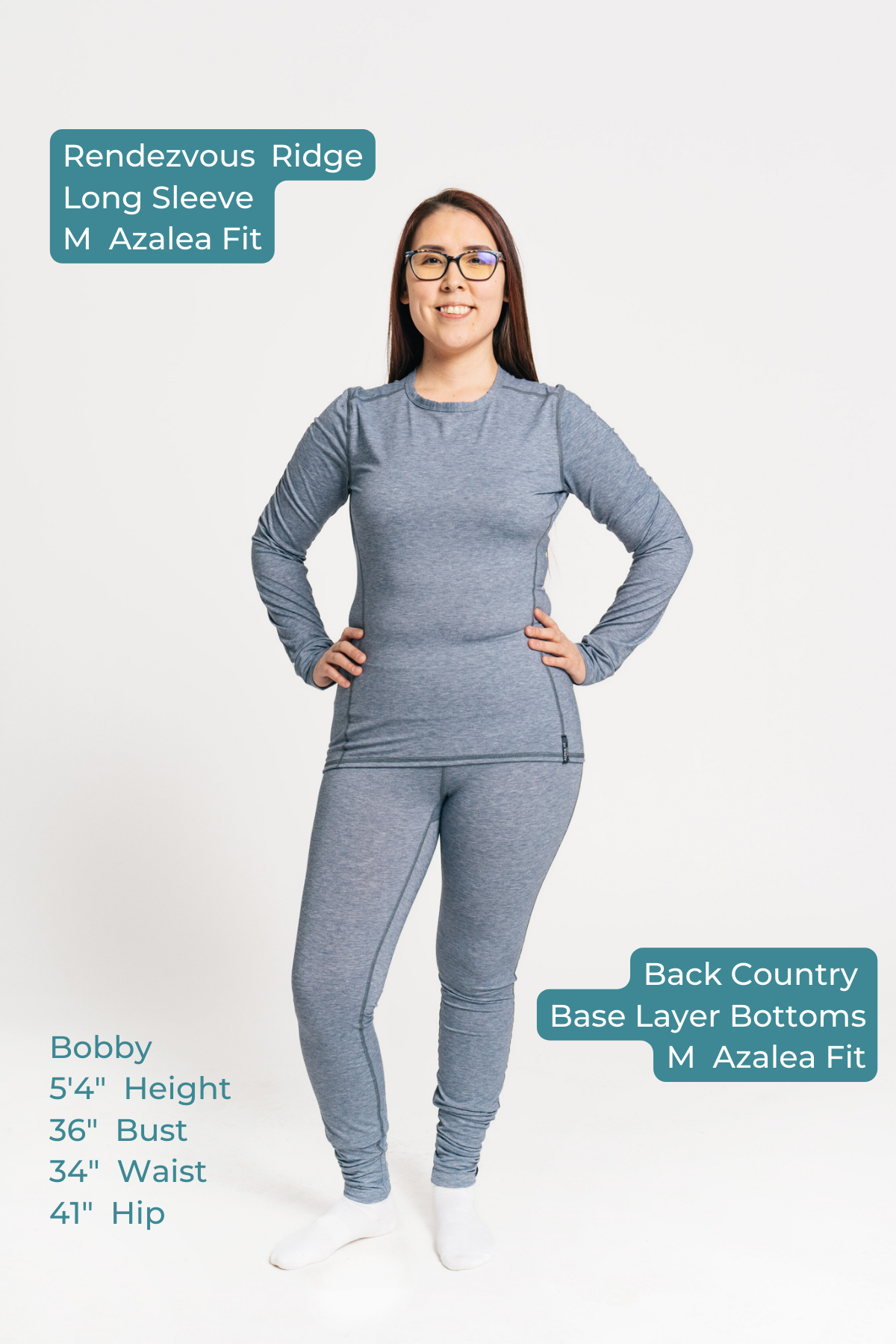 alpine fit base layer blue top and bottom with size model viewed from the front