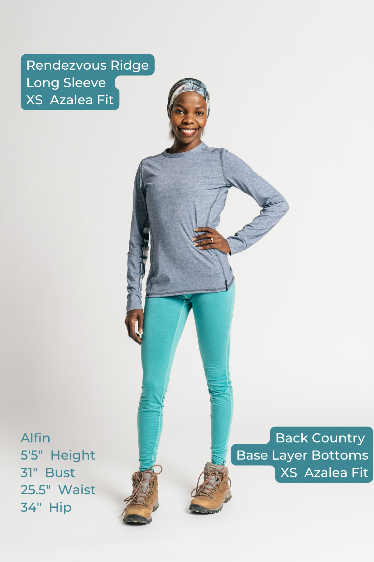 alpine fit base layer top and bottom with sizing model viewed from the front