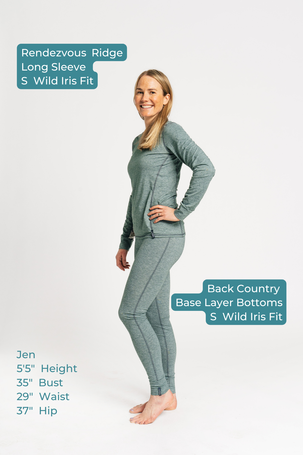 alpine fit green base layer bottom with sizing model from the side