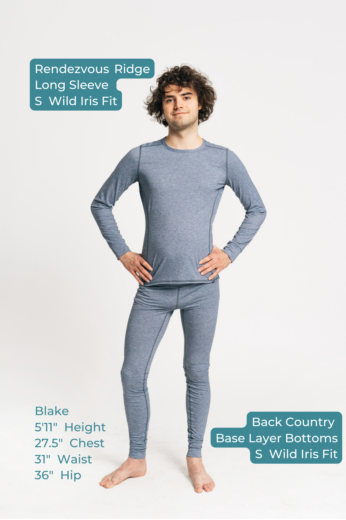 alpine fit men base layer top and bottom on size model viewed from the front