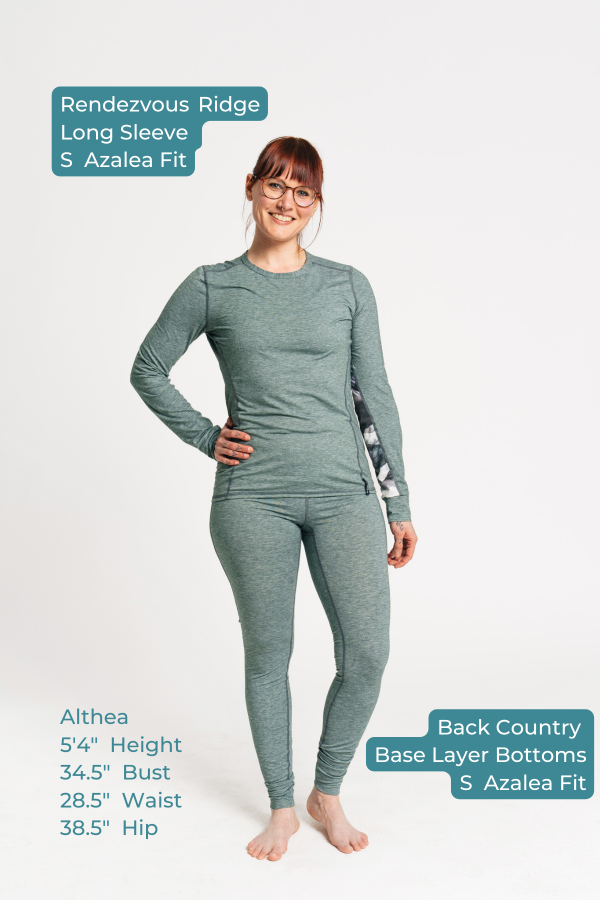 alpine fit green base layer top and bottom sizing model viewed from the front