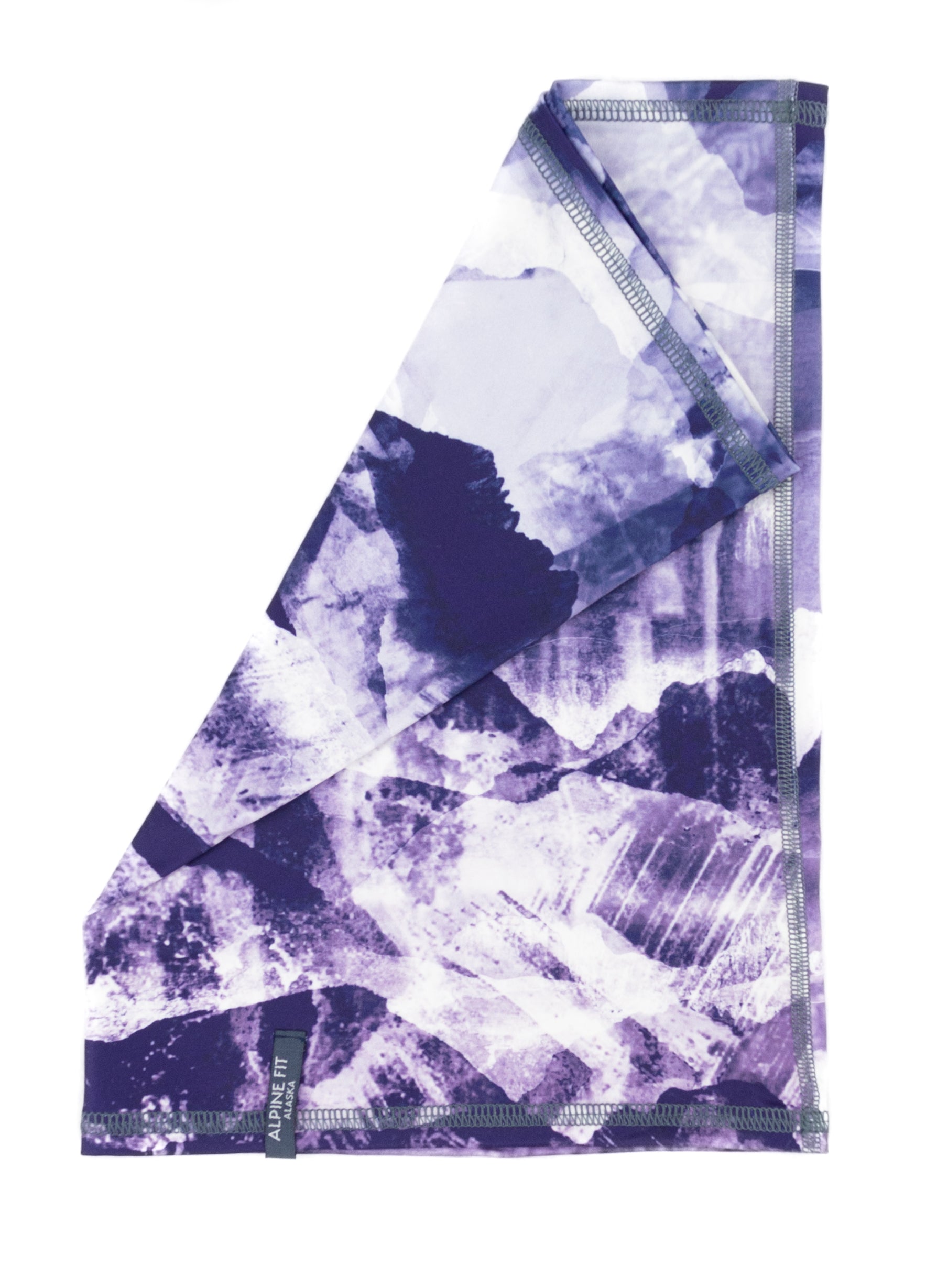 alpine fit fleece lined neck gaiter purple mountain print flat lay flipped