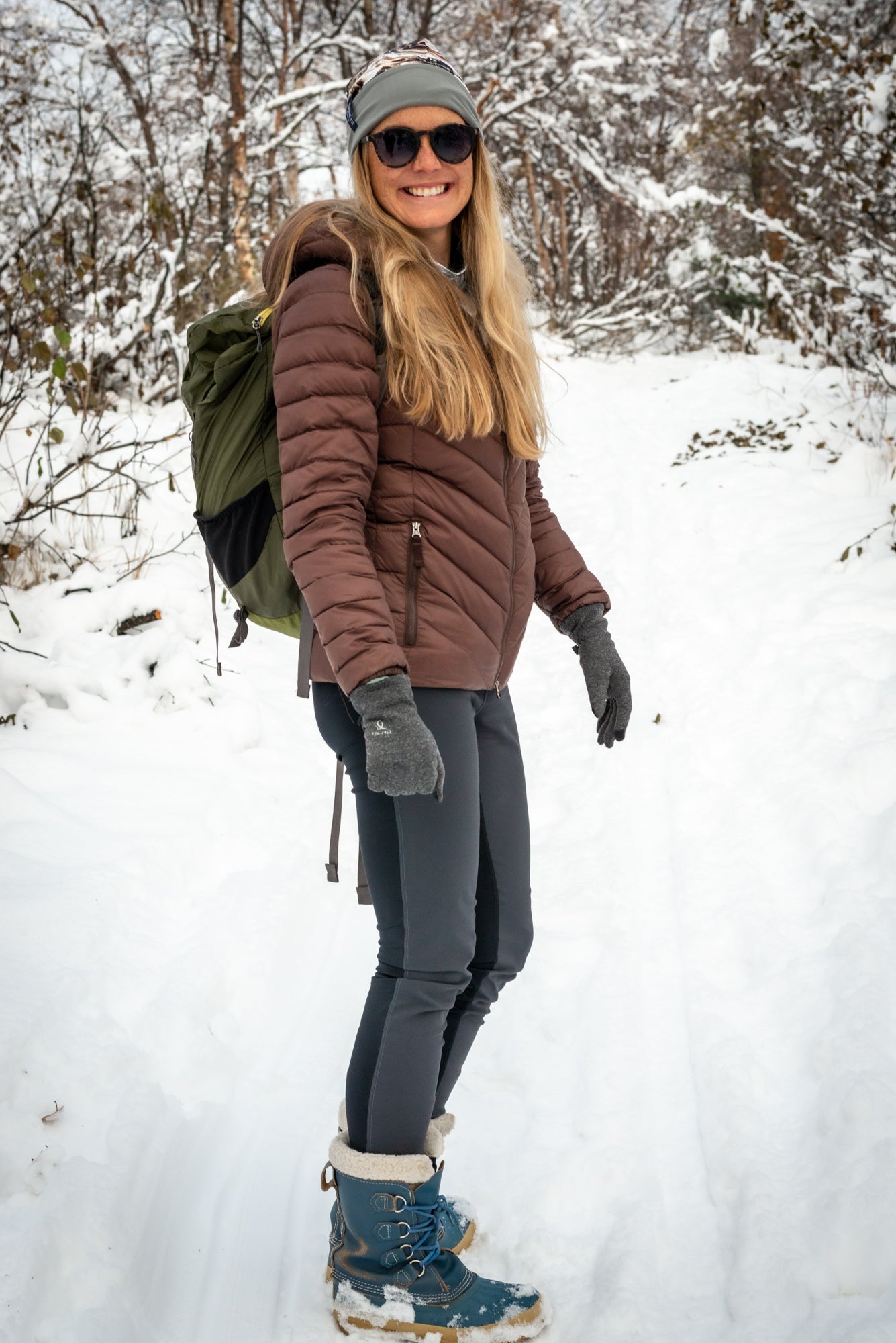 alpine fit hiking leggings on model outside walking in winter