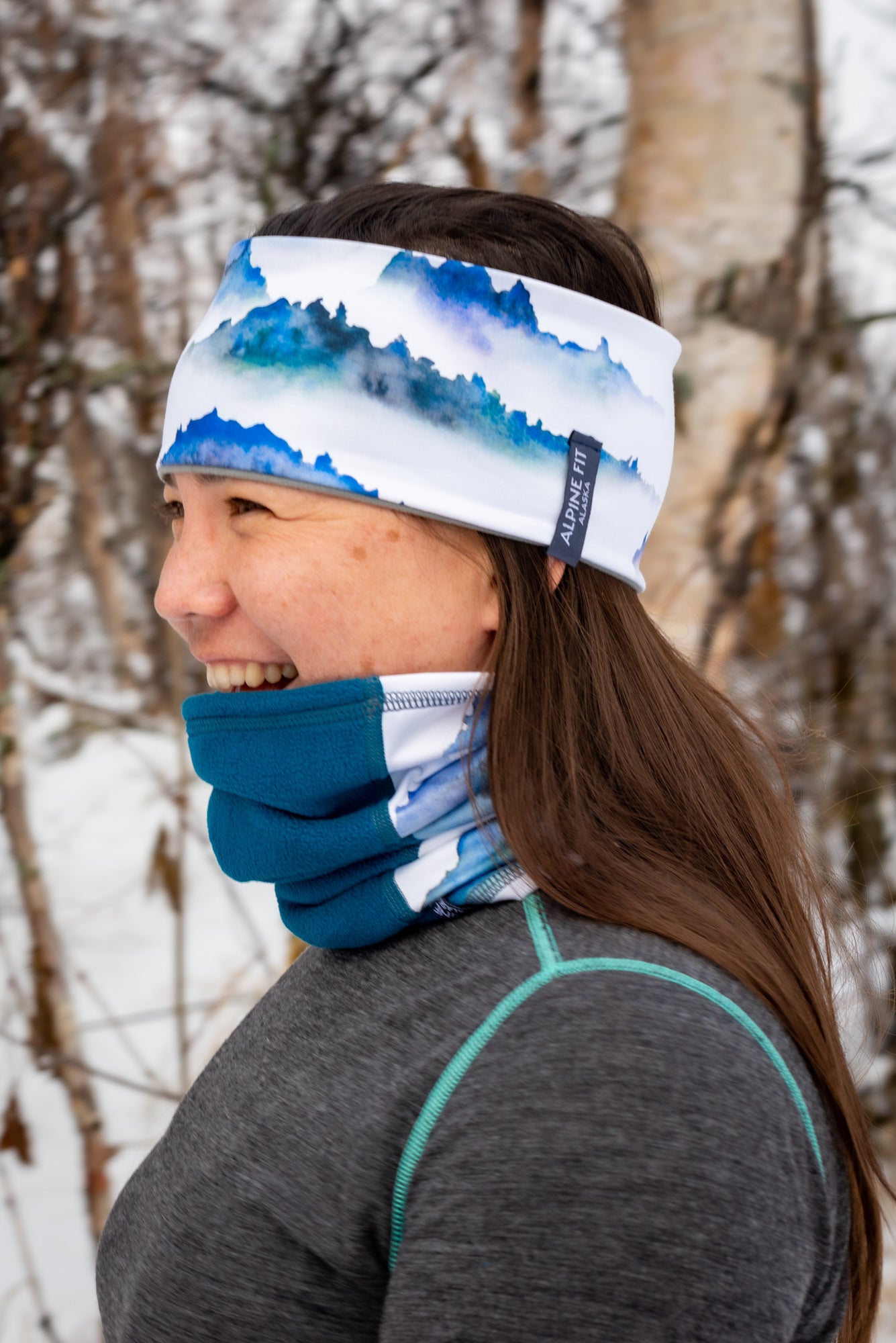 alpine fit fleece lined headband on model outside with fleece neck gaiter