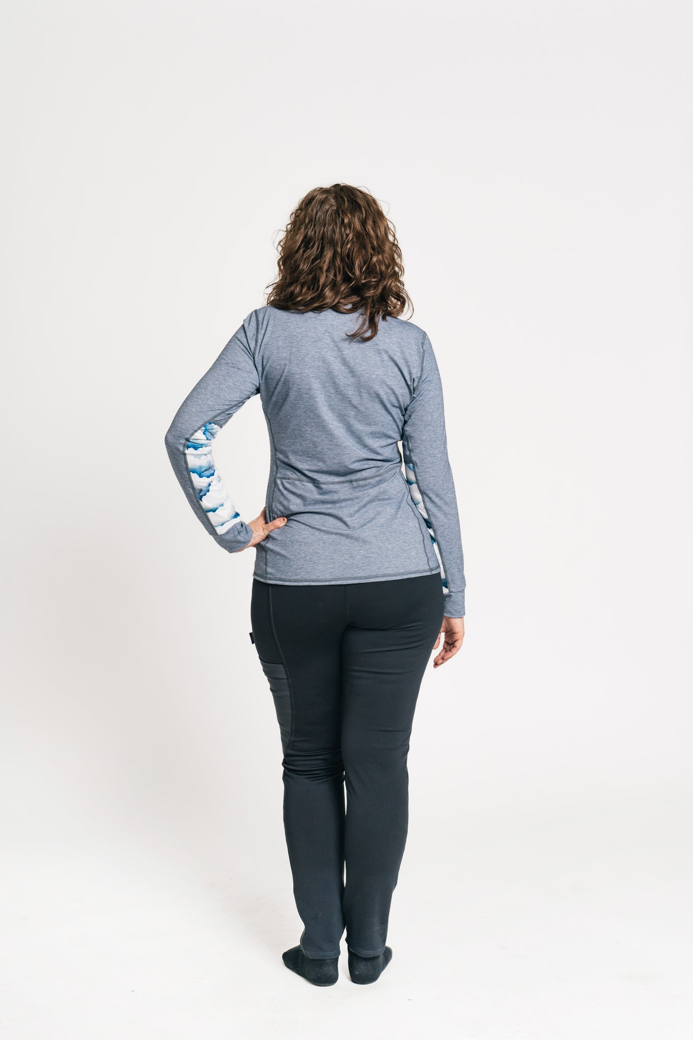 alpine fit long sleeve base layer blue on model from back