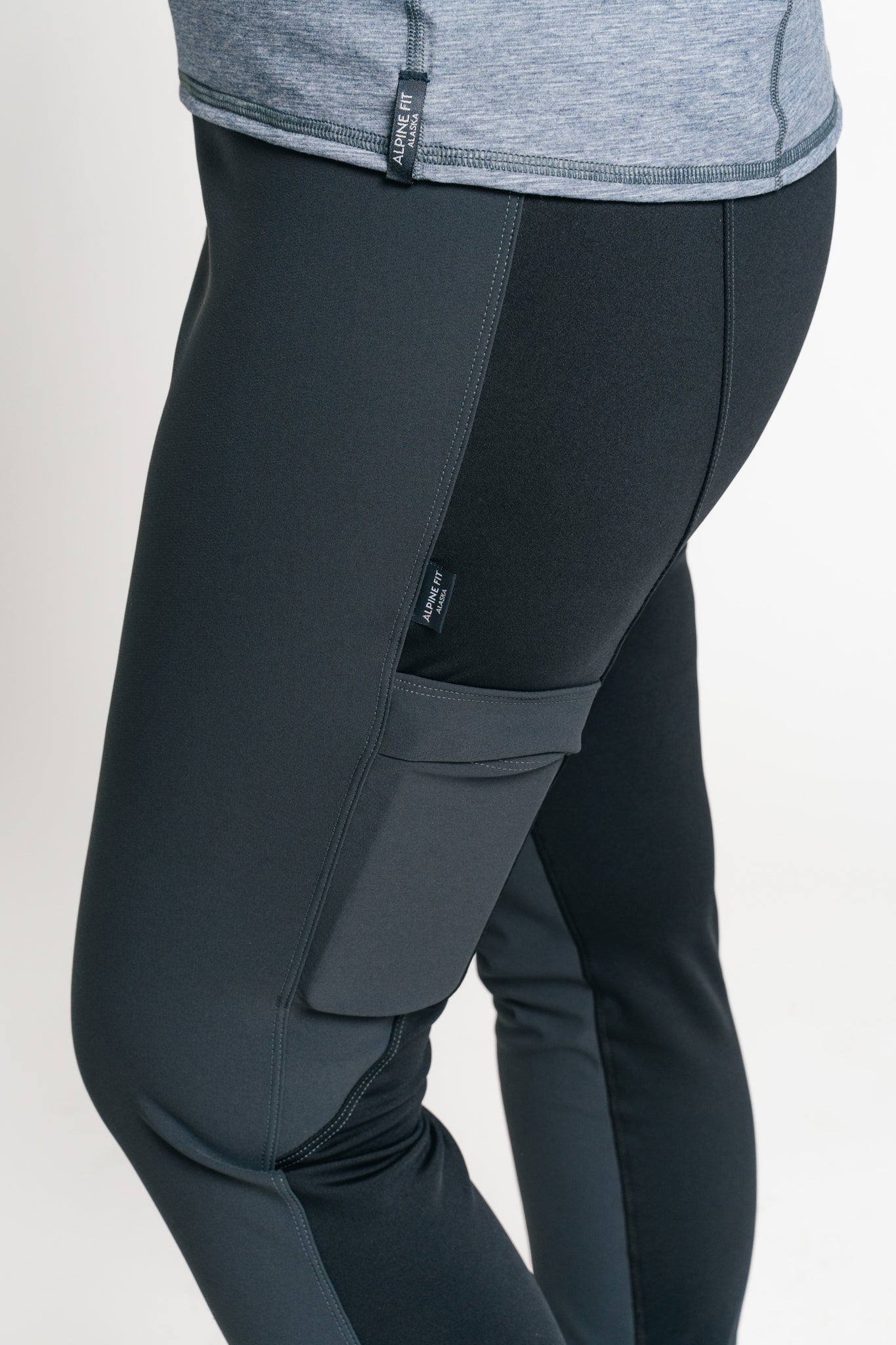 alpine fit hiking leggings on model showing thigh