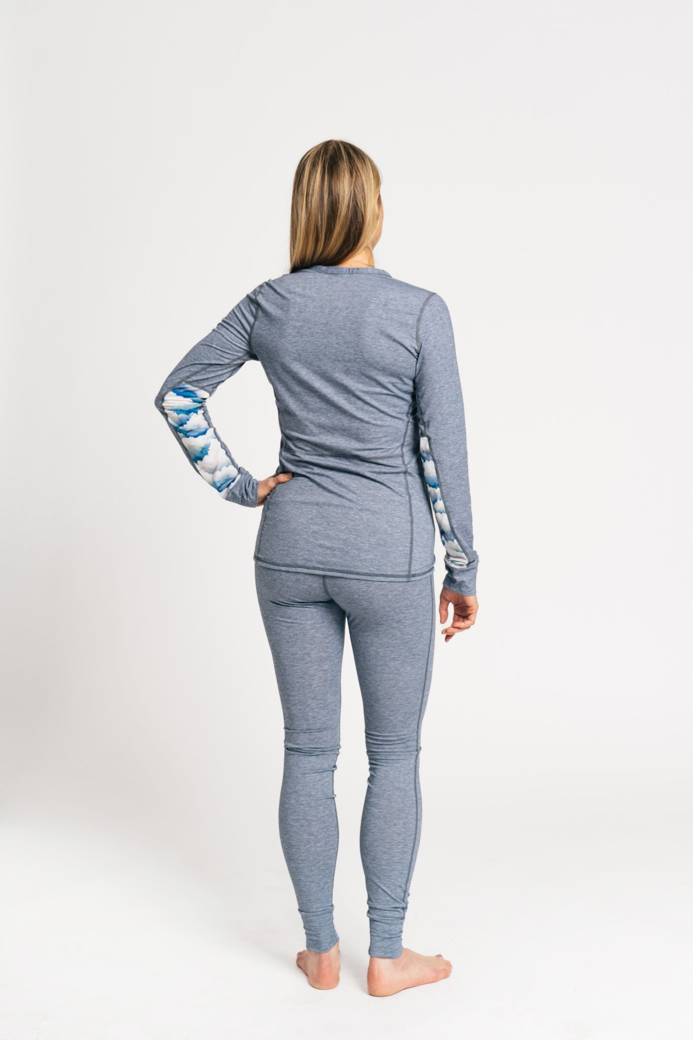 alpine fit long sleeve base layer blue on model back view