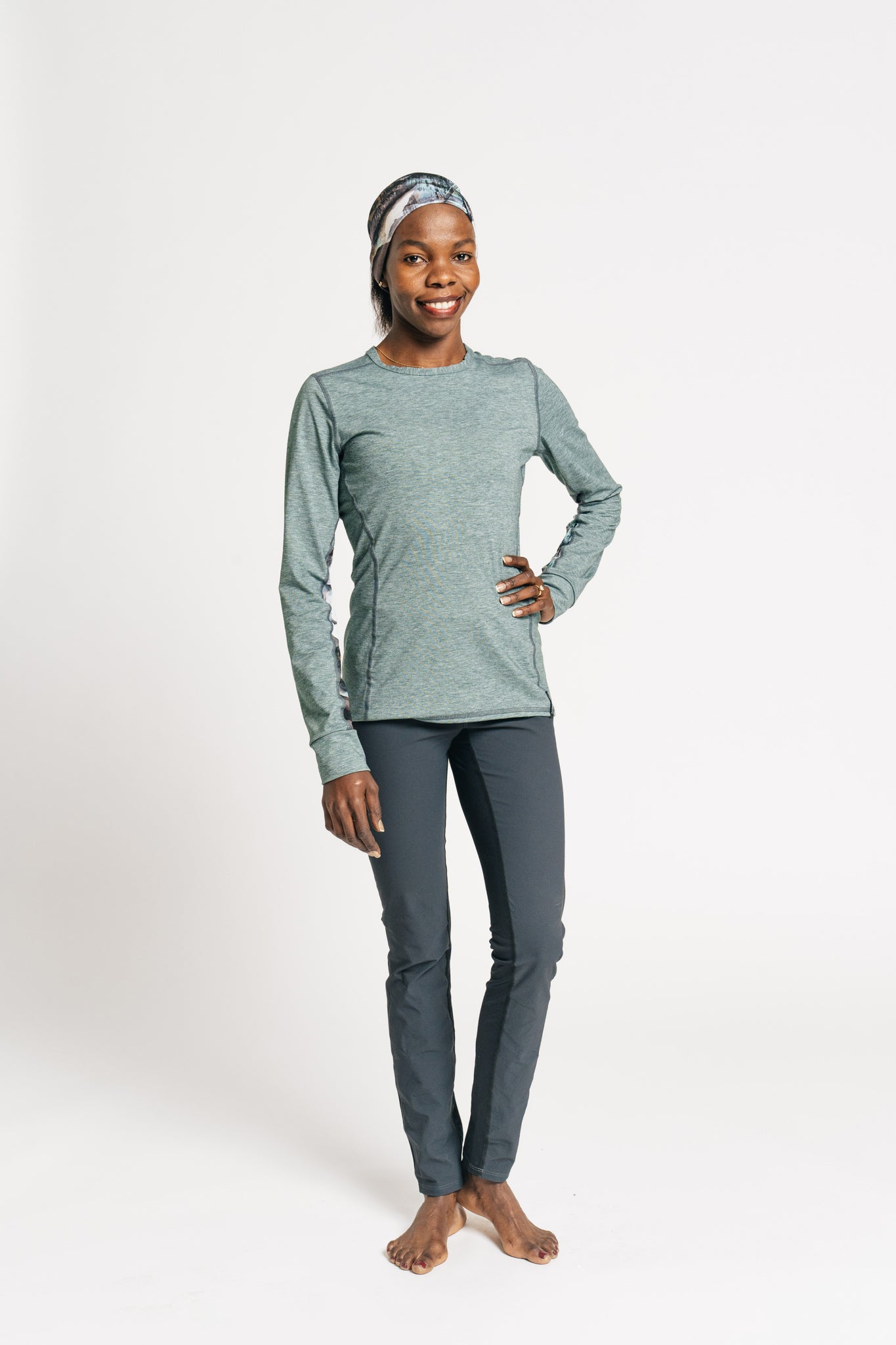 alpine fit long sleeve base layer green on model front view petite