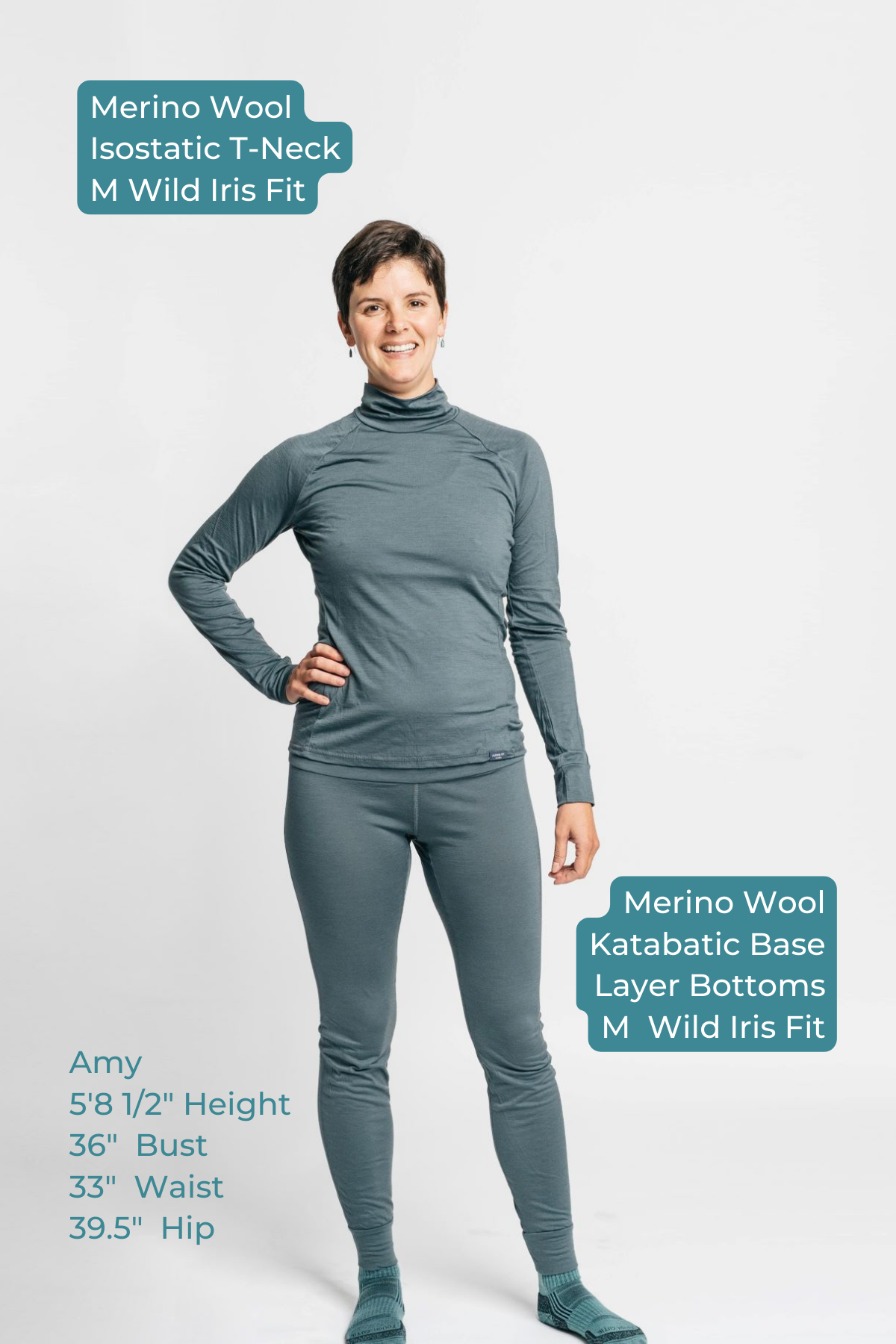 alpine fit merino wool base layer top and bottom on size model front view