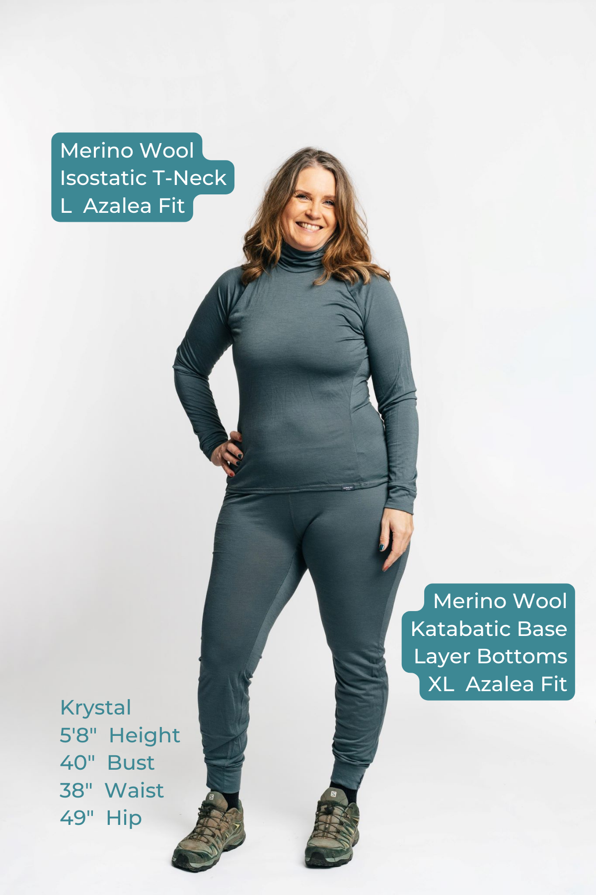 alpine fit merino wool top and bottom on plus size model front